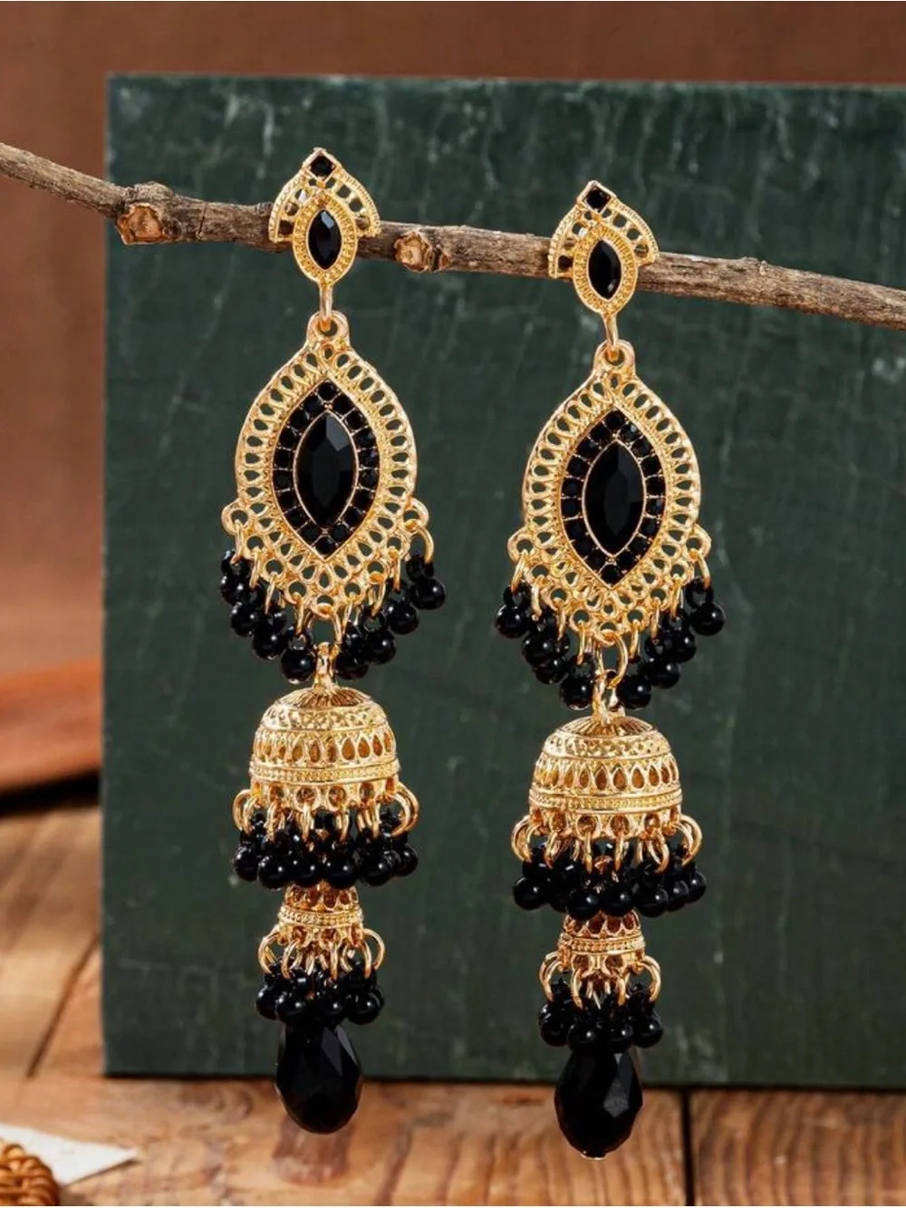 Gold and Black Jhumka Earrings - Elegant Women's Drop Jewelry